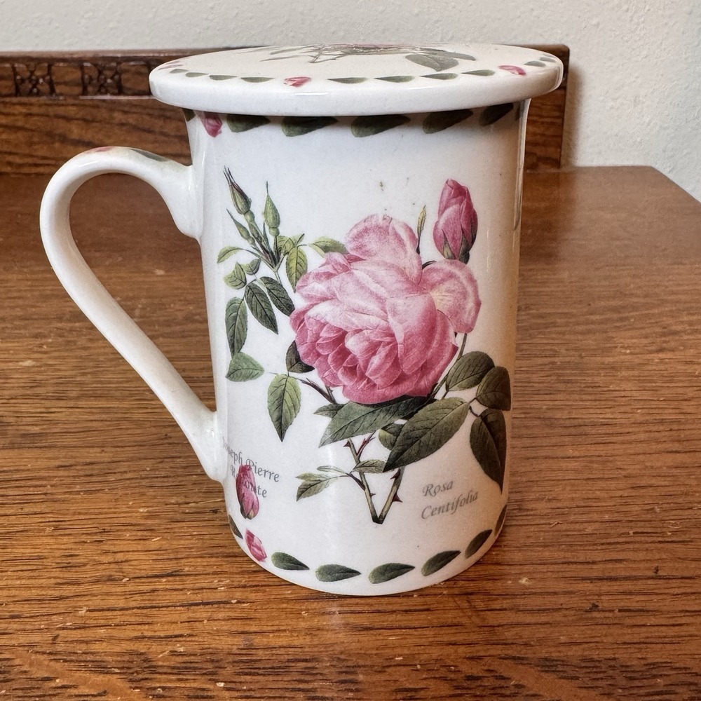 Kent Pottery Rosa Centifolia Rose Mug with Lid Pink Floral Botanical